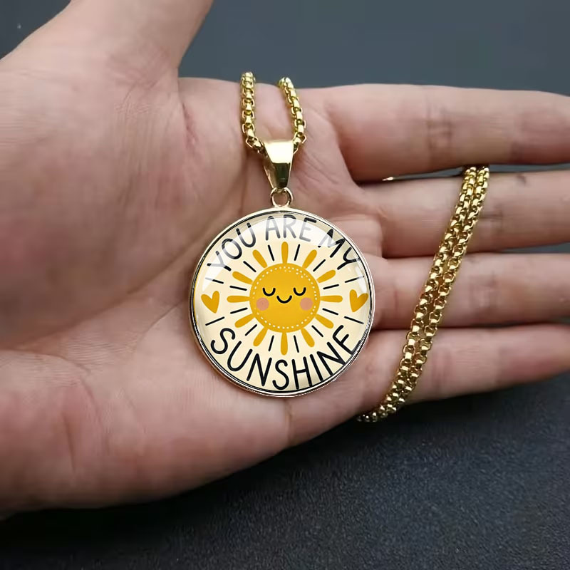 Men's Stainless Steel Round Pendant Necklace with Sun Pattern